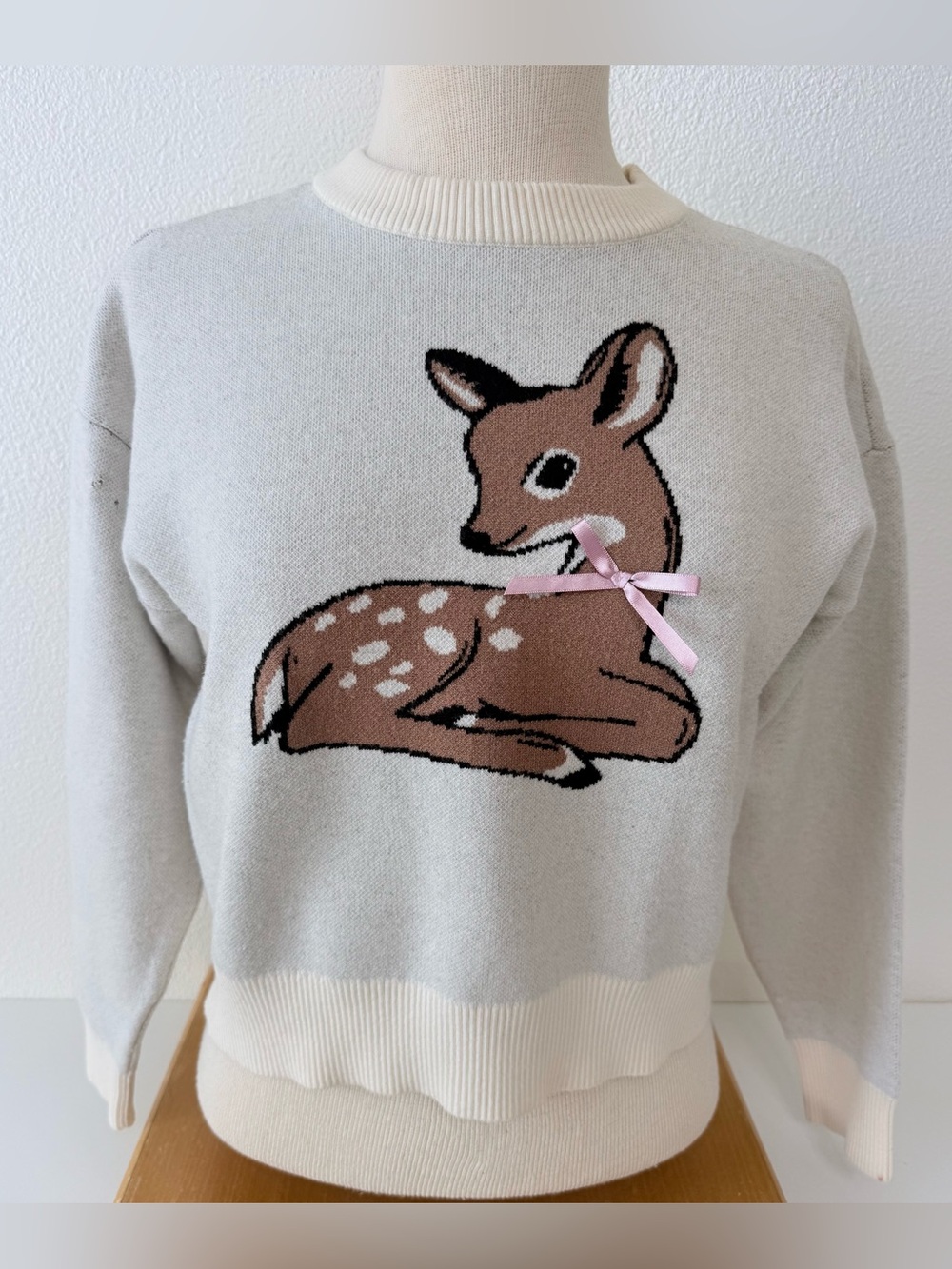 Nikka K Fawn Deer Ribbon Knit Sweater Grey Cream Medium Cottagecore Coquette